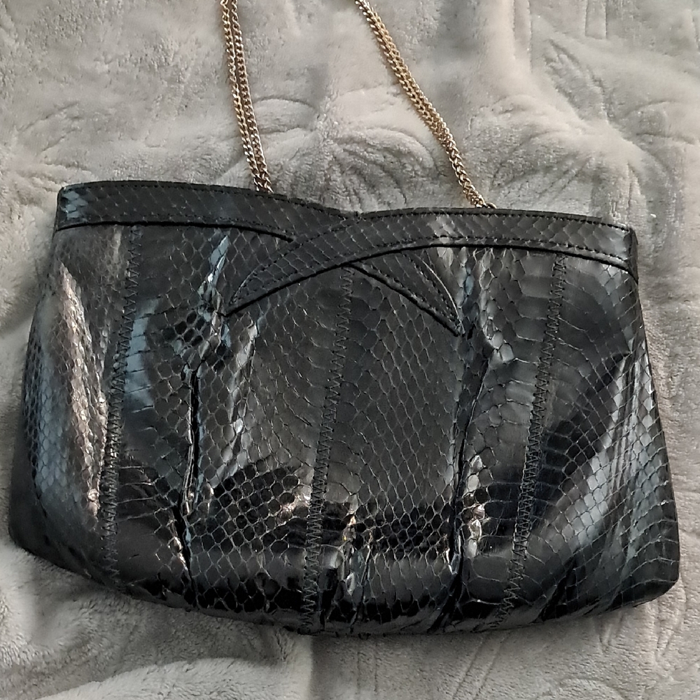Chic Black Snakeskin Clutch with Gold Chain